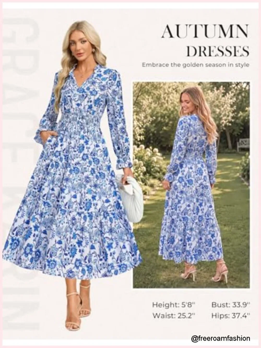 Floral Midi Dress Long Sleeve V-Neck Smocked Waist A-Line with Pockets